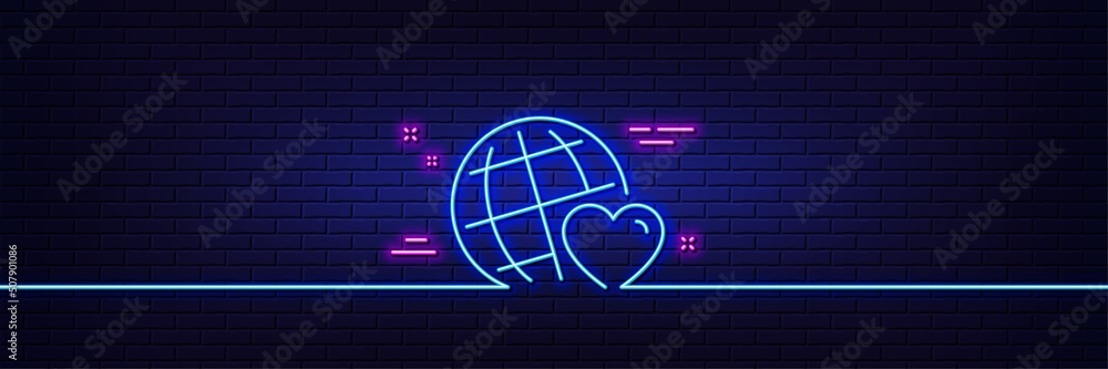 Neon light glow effect. Friends world line icon. Friendship love sign. Assistance business symbol. 3d line neon glow icon. Brick wall banner. Friends world outline. Vector Neon light glow effect. Friends world line icon. Friendship love sign. Assistance business symbol. 3d line neon glow icon. Brick wall banner. Friends world outline. Vector