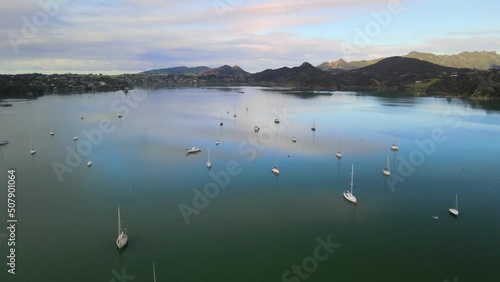 Flying over sailing boats in Parua Bay Marina, Whangarei - New Zealand's North Island