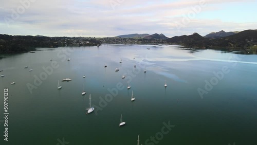 Flying over sailing boats in Parua Bay Marina, Whangarei - New Zealand's North Island