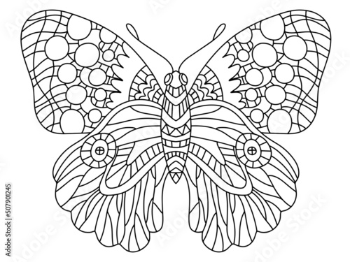 Decorative fantasy butterfly colouring book page for adults vector illustration. Hand-drawn butterfly linear illustration. Big butterfly with ornamental wings - horizontal coloring book page