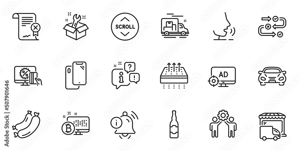 Outline set of Employees teamwork, Scroll down and Information bell line icons for web application. Talk, information, delivery truck outline icon. Vector