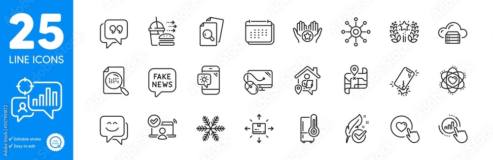 Outline icons set. Weather phone, Online access and Quote bubble icons. Food delivery, Computer mouse, Inspect web elements. Calendar, Work home, Refrigerator signs. Cardboard box. Vector