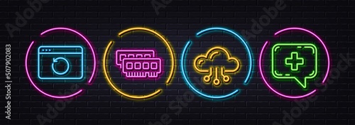 Cloud computing, Recovery internet and Ram minimal line icons. Neon laser 3d lights. Medical chat icons. For web, application, printing. Online storage, Backup info, Random-access memory. Vector