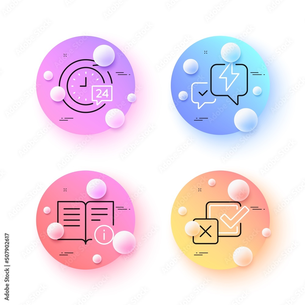Lightning bolt, Checkbox and Technical info minimal line icons. 3d spheres or balls buttons. 24h delivery icons. For web, application, printing. Messenger, Survey choice, Documentation. Vector Lightning bolt, Checkbox and Technical info minimal line icons. 3d spheres or balls buttons. 24h delivery icons. For web, application, printing. Messenger, Survey choice, Documentation. Vector