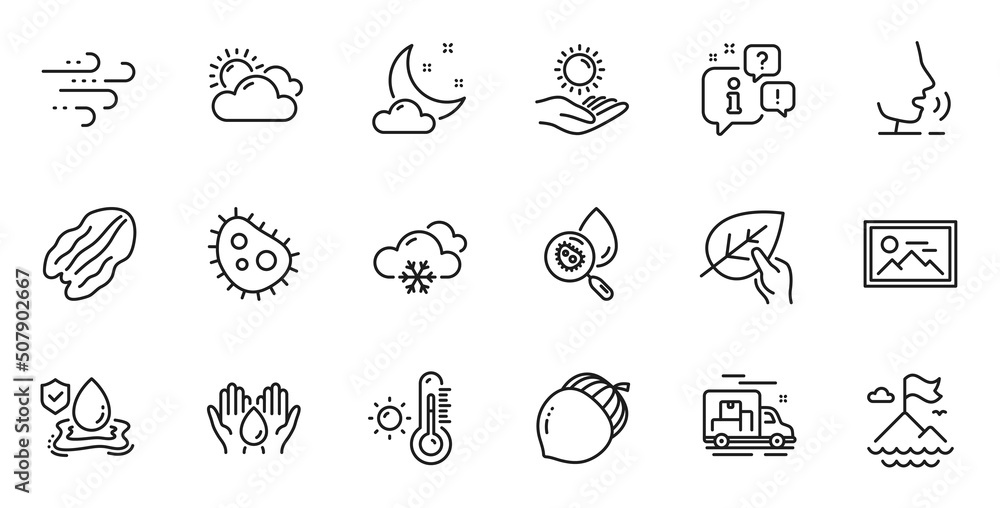 Outline set of Mountain flag, Acorn and Snow weather line icons for web application. Talk, information, delivery truck outline icon. Include Photo, Organic tested, Flood insurance icons. Vector Outline set of Mountain flag, Acorn and Snow weather line icons for web application. Talk, information, delivery truck outline icon. Include Photo, Organic tested, Flood insurance icons. Vector