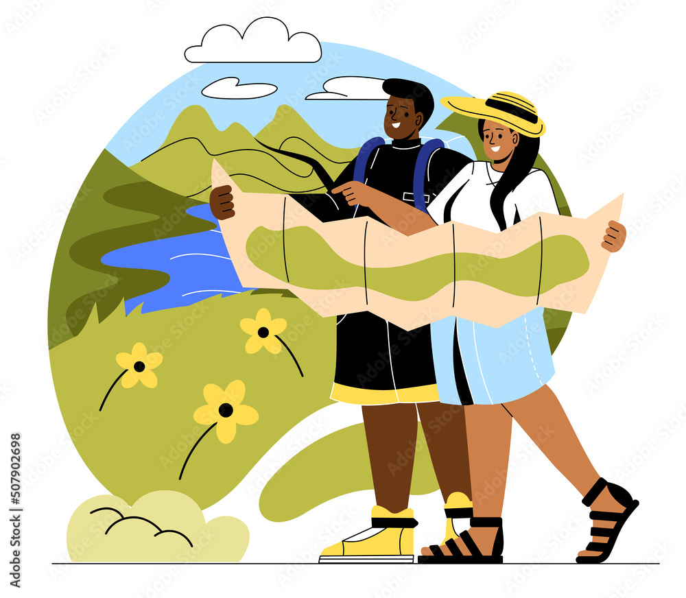 Obraz premium Couple camping concept. Young man and woman with hiking backpacks hold map and admire landscape. Outdoor tourism, vacation or trip to mountains. Cartoon flat vector illustration in doodle style
