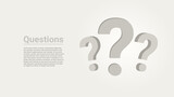 Three question marks on white studio background. question text.