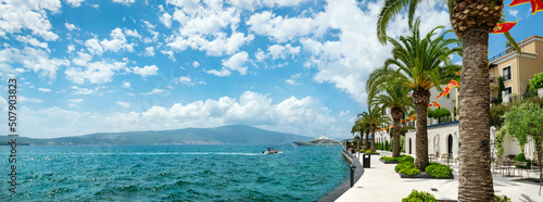 Panoramic view of the sea port of Montenegro.,Tivat. Luxury yachts and sailing boats in the port of Montenegro. Tivat. Kotor bay, Adriatic sea. photo