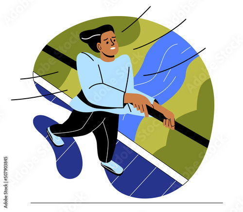 Different phobias and fears. Frightened young man afraid of heights and holds on to handrails on bridge. Mental problems and psychological disorder. Cartoon flat vector illustration in doodle style