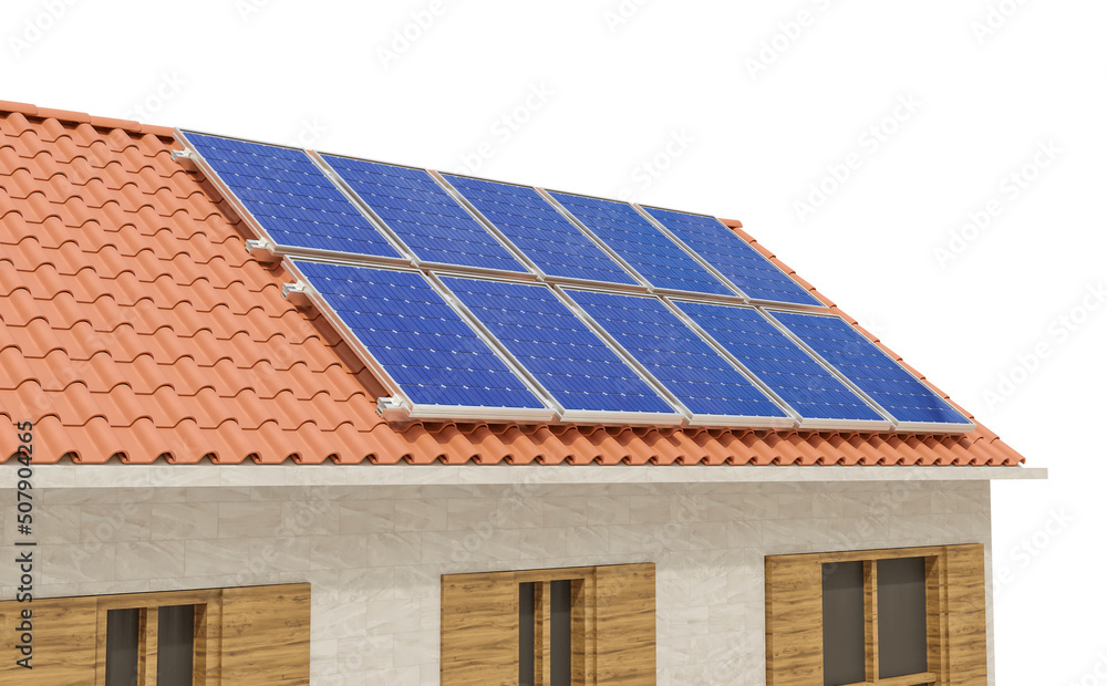 Fototapeta premium house with solar panels in 3d render realistic