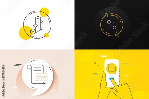 Minimal set of 3d chart, Loan percent and Calendar line icons. Phone screen, Quote banners. Payment card icons. For web development. Presentation column, Change rate, Schedule planner. Vector