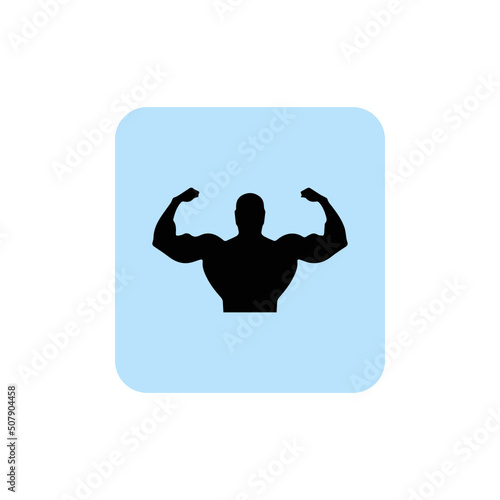 Muscular bodybuilder vector silhouette illustration isolated on blue background. Sports man strong arms. Athlete bodybuilder shows muscles.