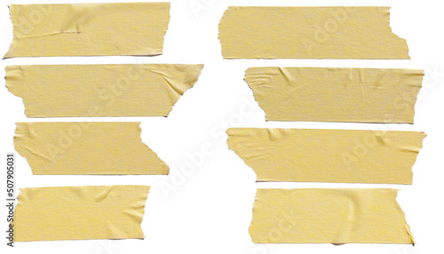 Torn horizontal and different size yellow sticky tape, sticky pieces isolated on white background. Set of yellow tapes. photo
