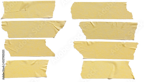 Torn horizontal and different size yellow sticky tape, sticky pieces isolated on white background. Set of yellow tapes.
