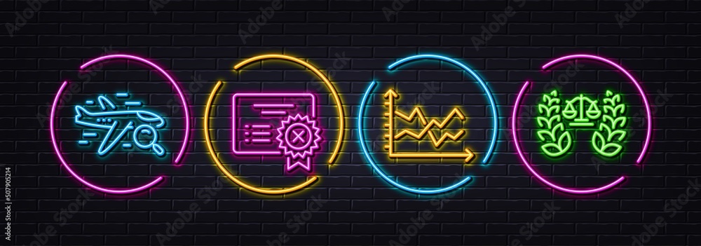 Diagram chart, Search flight and Reject certificate minimal line icons. Neon laser 3d lights. Justice scales icons. For web, application, printing. Vector