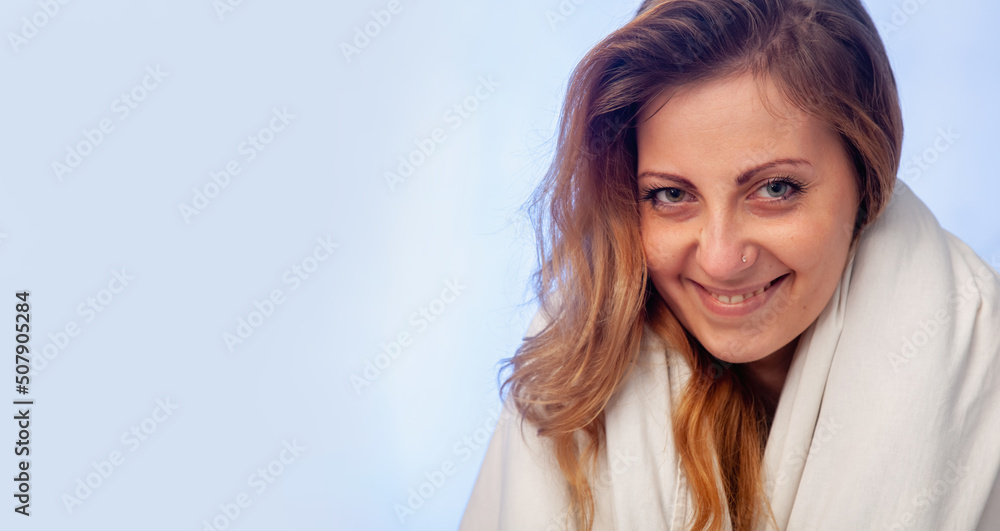 Good happy morning. Beautiful woman wake up. Copy space. Good happy morning. Beautiful woman wake up. Copy space.