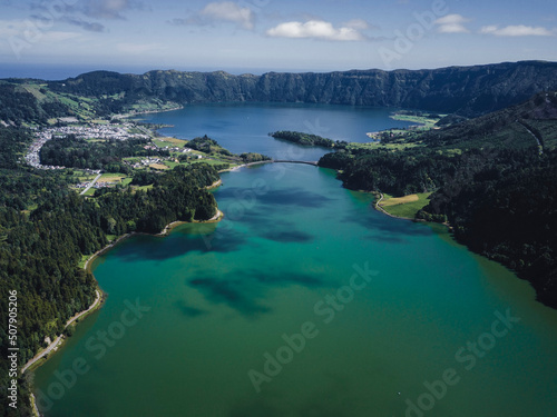 Panorama of the lakes in the craters of Sete Cidades on Sao Miguel Island, Azores, Portugal.