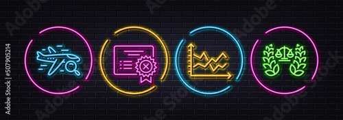 Diagram chart, Search flight and Reject certificate minimal line icons. Neon laser 3d lights. Justice scales icons. For web, application, printing. Vector