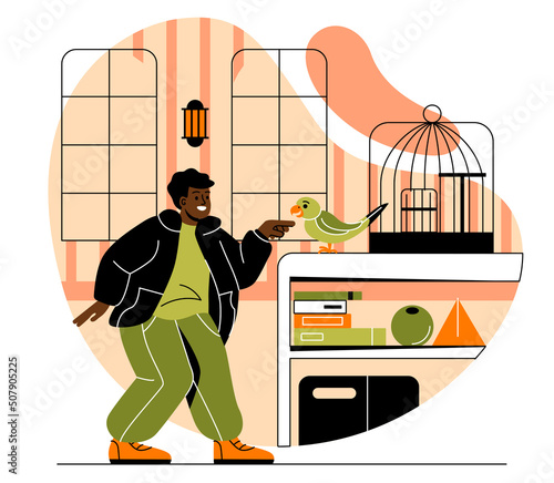 Happy pet owner concept. Young guy or boy playing with his bird. Male character takes care of parrot. Friendship between man and animal. Cartoon modern flat vector illustration in doodle style