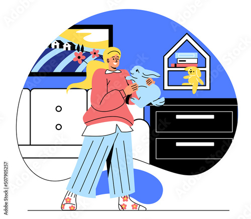 Happy pet owner concept. Young smiling woman holds her beloved fluffy rabbit in hands and takes care of it. Female character friends with animal. Cartoon flat vector illustration in doodle style