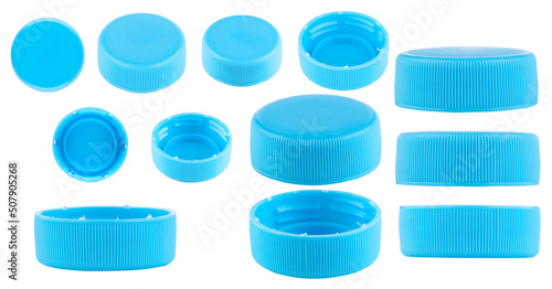 Blue caps for bottles, different sizes. Set of blue caps isolated on a white background.