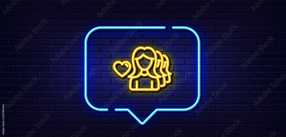 Neon light speech bubble. Couple Love line icon. Group of Women sign. Valentines day symbol. Neon light background. Woman love glow line. Brick wall banner. Vector Neon light speech bubble. Couple Love line icon. Group of Women sign. Valentines day symbol. Neon light background. Woman love glow line. Brick wall banner. Vector