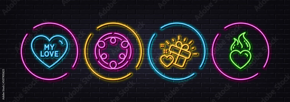 Love gift, Inclusion and My love minimal line icons. Neon laser 3d lights. Heart flame icons. For web, application, printing. Heart, Equity justice. Neon lights buttons. Love gift glow line. Vector