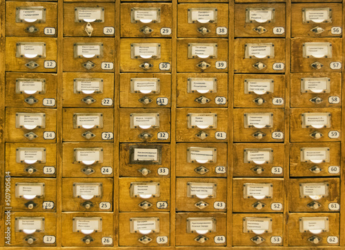 Wooden library card index with words in alphabetical order in Russian