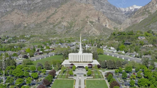 Aerial Drone Tilt Down to the Provo Utah Temple at Day in the Spring photo