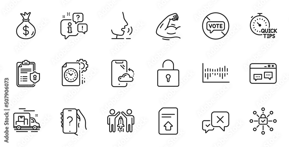 Outline set of Column diagram, Upload file and Browser window line icons for web application. Talk, information, delivery truck outline icon. Include Partnership, Stop voting, Reject icons. Vector