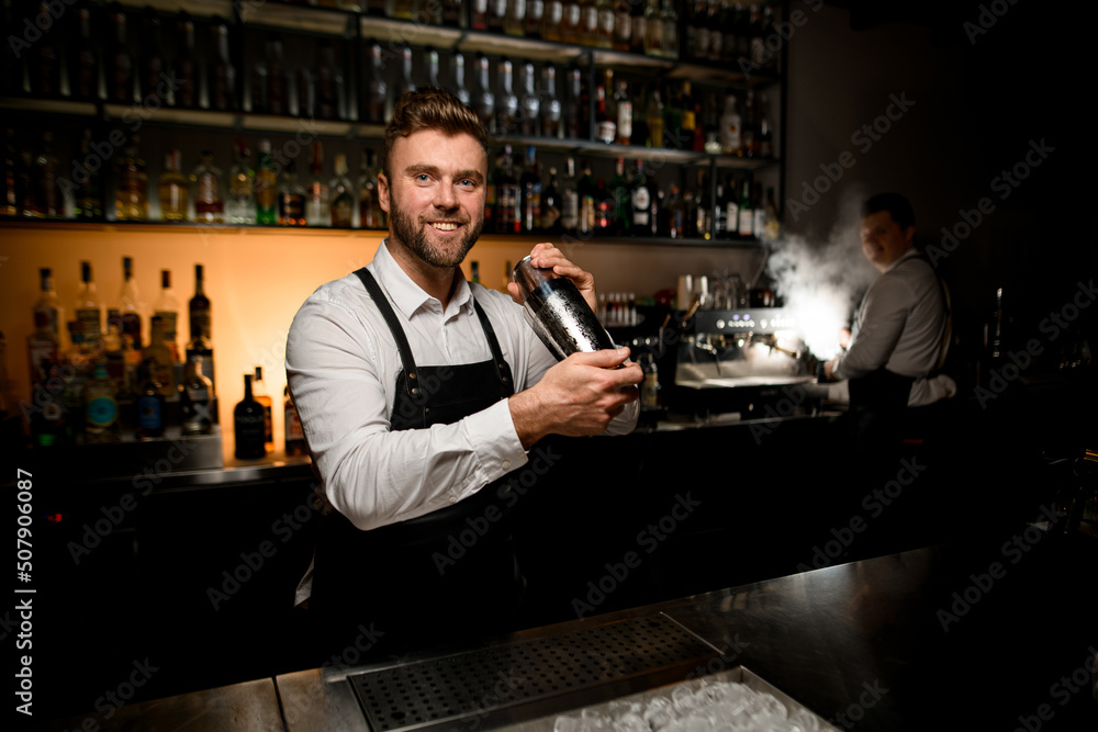 handsome smiling male bartender with steel shaker in hands. Blurred background