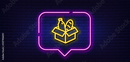 Neon light speech bubble. Food donation line icon. Charity box sign. Charitable organization symbol. Neon light background. Food donation glow line. Brick wall banner. Vector