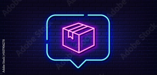Neon light speech bubble. Shipping box line icon. Logistics delivery sign. Parcels tracking symbol. Neon light background. Parcel glow line. Brick wall banner. Vector