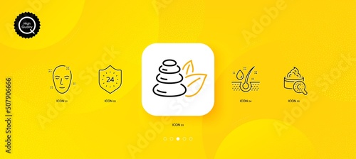 Collagen skin, 24 hours and Health skin minimal line icons. Yellow abstract background. Spa stones, Serum oil icons. For web, application, printing. Protection, Clean face, Bath. Healthy hairs. Vector