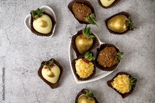 Food banner with chocolate strawberries. Place for text.Flat lay