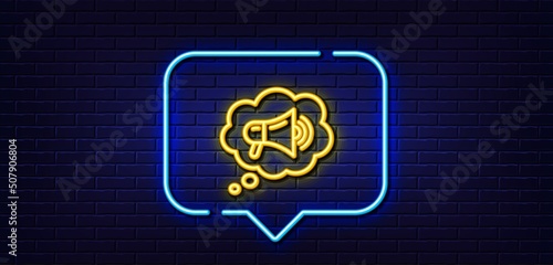 Neon light speech bubble. Megaphone line icon. Advertisement device symbol. Brand ambassador speech bubble sign. Neon light background. Megaphone glow line. Brick wall banner. Vector