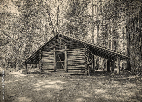 Jack London cabin in the forest in Black and white