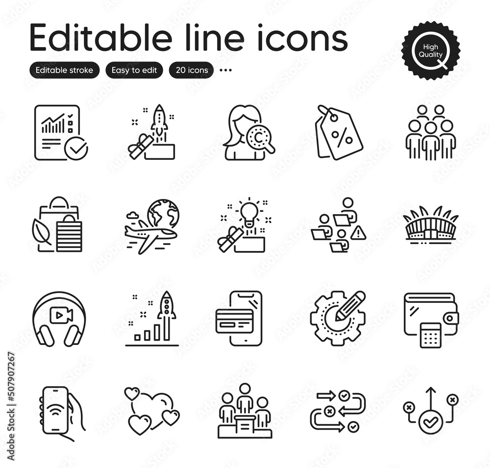 Fototapeta premium Set of Business outline icons. Contains icons as Correct way, Innovation and Internet app elements. Group people, Checked calculation, Business podium web signs. Heart, Bio shopping. Vector