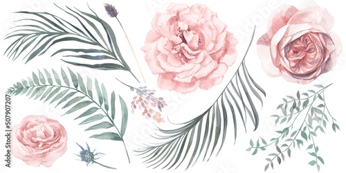 Set of watercolor dry tropical palm leaves and pink rose flowers painted in watercolor isolated on white background for wedding design in boho style