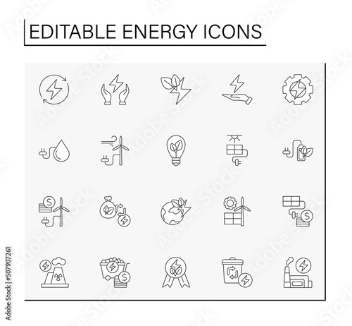 Energy line icons set. Selling of renewable sources. Power stations. Electricity generation concepts. Isolated vector illustrations. Editable stroke