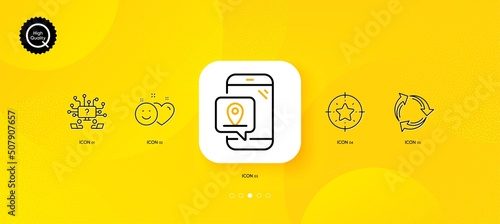 Pin marker, Star target and Recycle minimal line icons. Yellow abstract background. Teamwork question, Smile icons. For web, application, printing. Place point, Winner award, Recycling waste. Vector