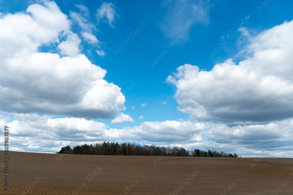 A plowed field against the sky. The season of planting crops in a wheat field. Preparing the field for planting rapeseed, wheat, rye and barley in rural areas. A plowed field against the sky. The season of planting crops in a wheat field. Preparing the field for planting rapeseed, wheat, rye and barley in rural areas.