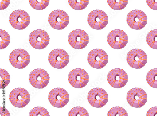 Pattern of pink donuts on white background