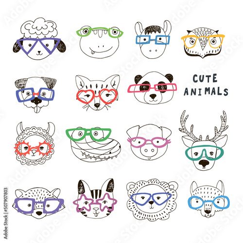 Animal faces in the trendy glasses vector illustrations line set