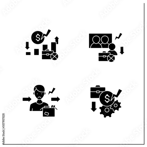 Unemployment glyph icons set. Rate, downsizing, jobless, pay cuts. Joblessness concept. Filled flat signs. Isolated silhouette vector illustrations