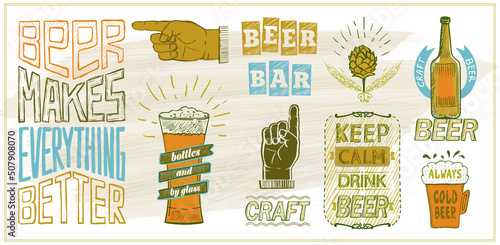 Beer menu list or display with quote phrases, hand drawn graphic lettering, doodle style sketched elements