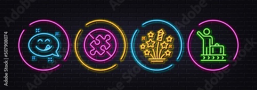 Fireworks stars, No puzzle and Yummy smile minimal line icons. Neon laser 3d lights. Luggage belt icons. For web, application, printing. Pyrotechnic salute, Jigsaw challenge, Emoticon. Vector