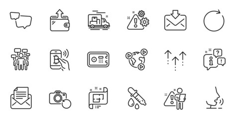 Outline set of Architectural plan, Search employee and Mail correspondence line icons for web application. Talk, information, delivery truck outline icon. Vector
