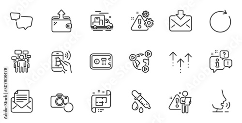 Outline set of Architectural plan, Search employee and Mail correspondence line icons for web application. Talk, information, delivery truck outline icon. Vector photo