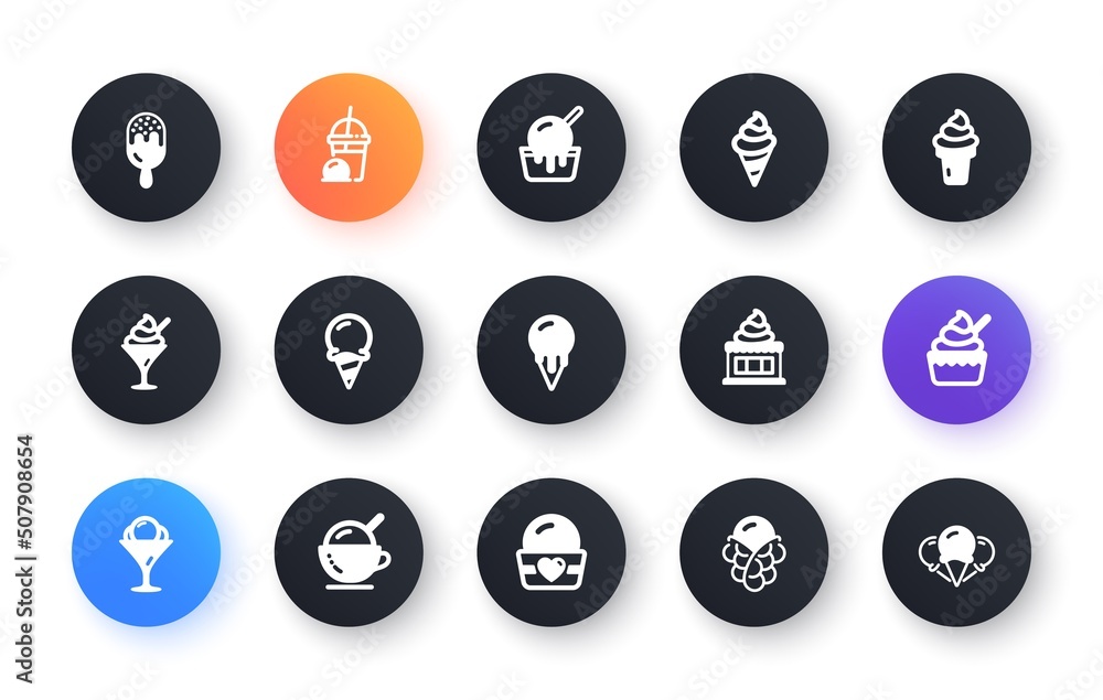 Ice cream icons set. Bubble waffle, Vanilla sundae, frozen yogurt. Sweet dessert food, milkshake with ice cream, sundae icons. Smoothie drink, frozen coffee, sorbet wafer. Circle web buttons. Vector Ice cream icons set. Bubble waffle, Vanilla sundae, frozen yogurt. Sweet dessert food, milkshake with ice cream, sundae icons. Smoothie drink, frozen coffee, sorbet wafer. Circle web buttons. Vector